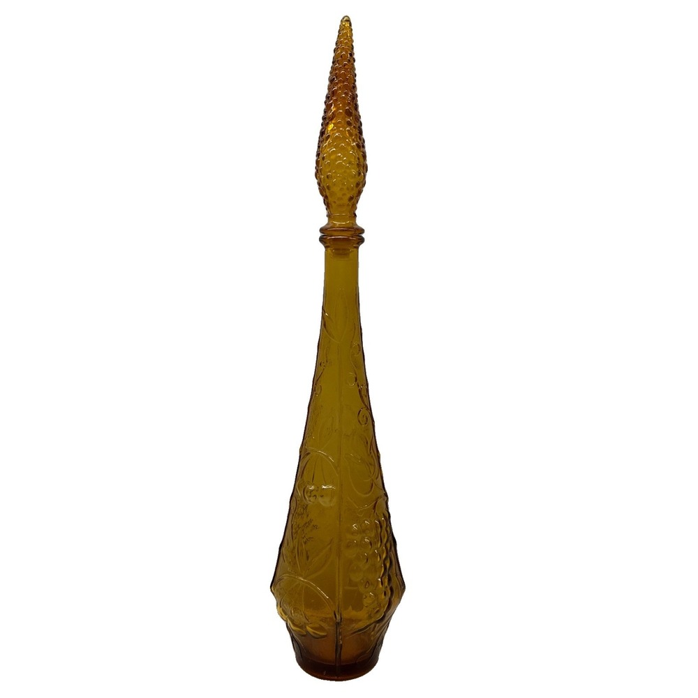 Vintage Empoli Italy Amber Glass Genie Bottle Decanter Grapes 22.75" Stopper